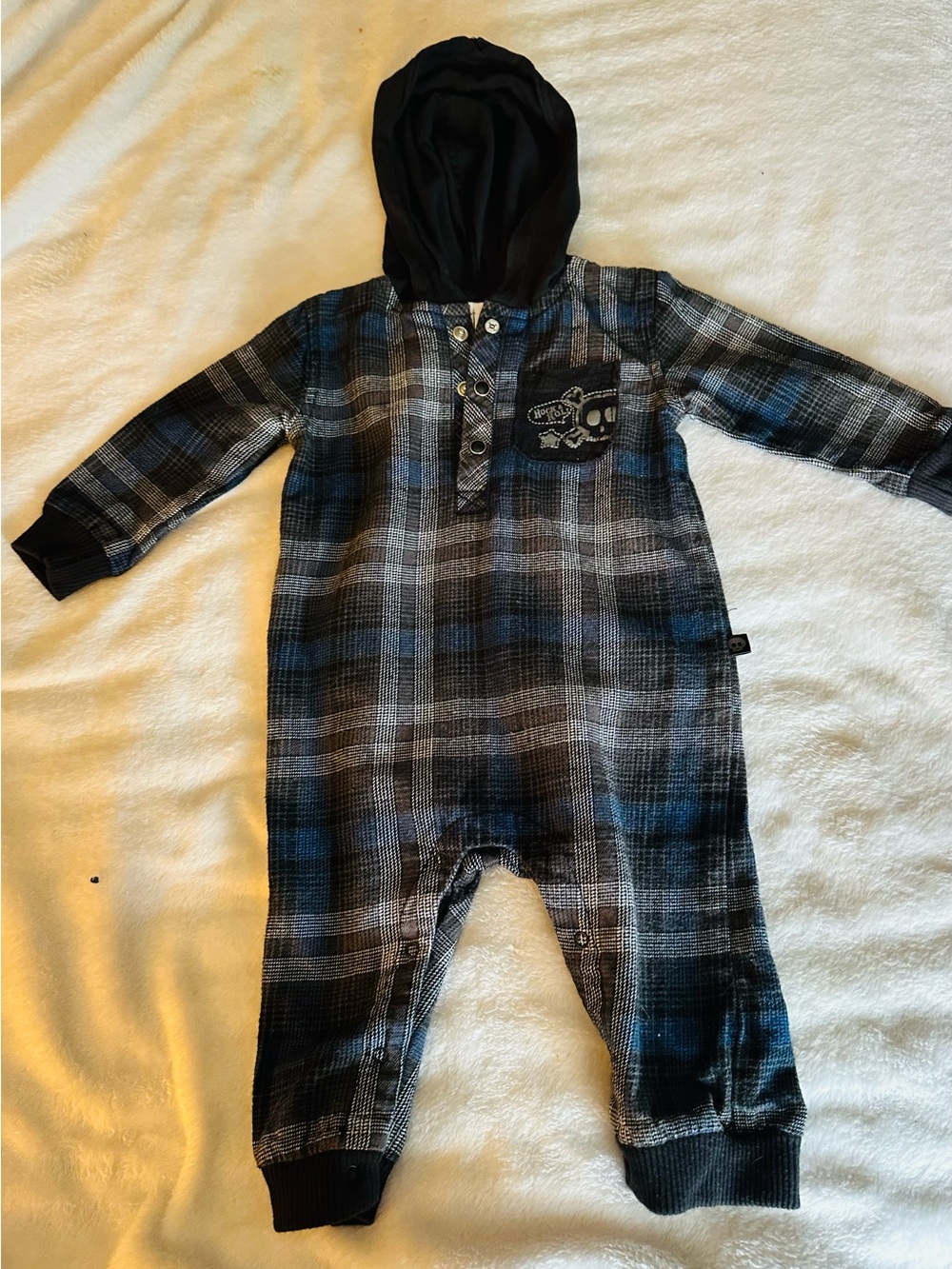 Amy Coe Black and Blue Plaid Hooded One-Piece Bodysuit